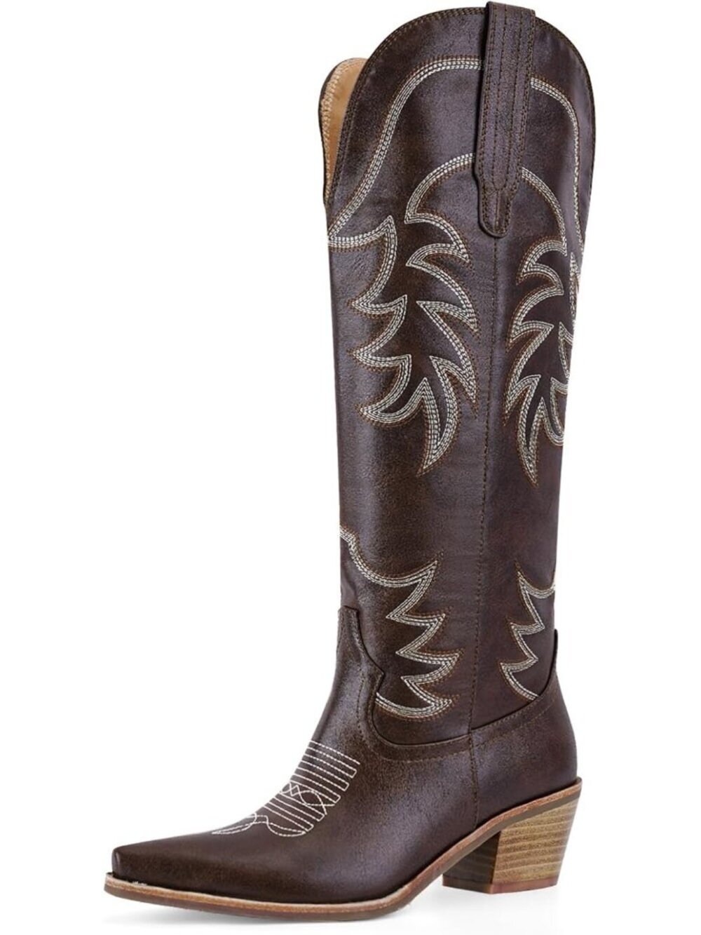 Women's Knee High Cowgirl Western Boots Dark Brown Pointed Toe Chunky Block Heel